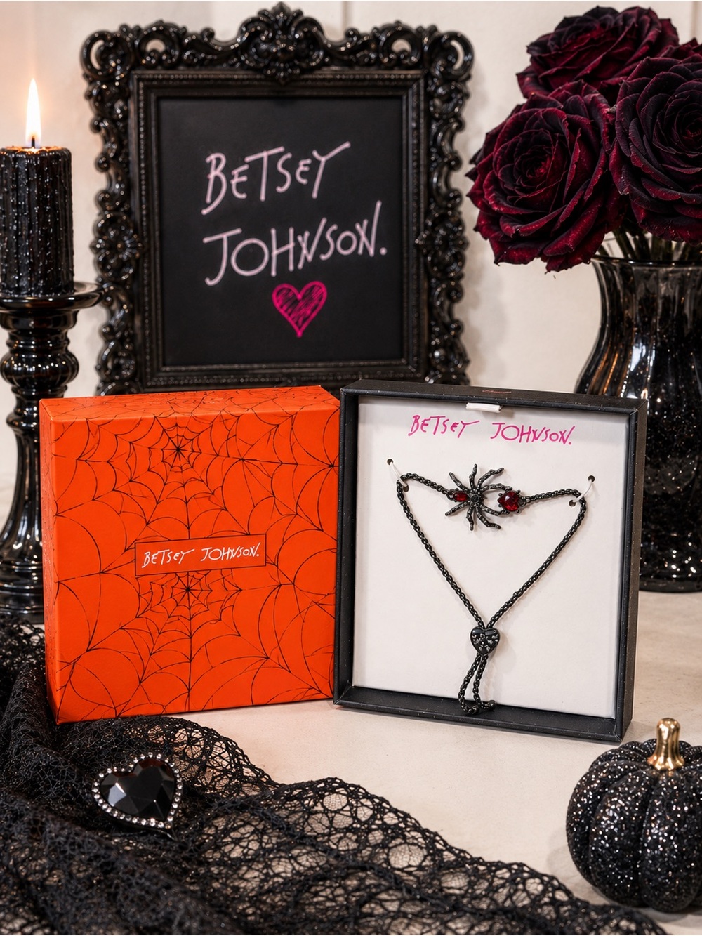 Betsey Johnson Spider Bracelet Gunmetal Chain Red Crystal Heart NWT